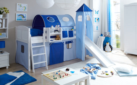Hochbett mit Rutsche und Turm Spielbett Ekki Landhaus Kiefer massiv Weiss