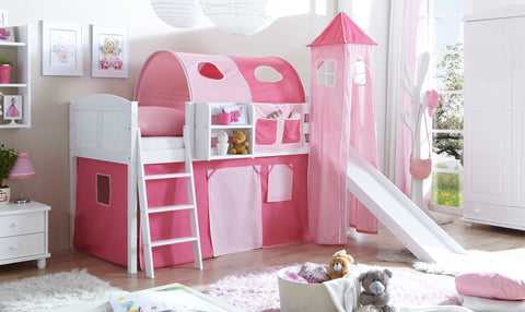 Hochbett mit Rutsche und Turm Spielbett Ekki Landhaus Kiefer massiv Weiss