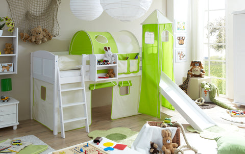Hochbett mit Rutsche und Turm Spielbett Ekki Landhaus Kiefer massiv Weiss