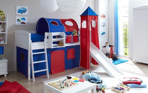 Hochbett mit Rutsche und Turm Spielbett Ekki Landhaus Kiefer massiv Weiss
