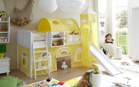 Hochbett mit Rutsche und Turm Spielbett Ekki Landhaus Kiefer massiv Weiss