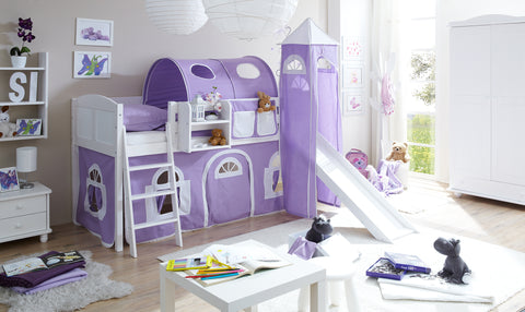 Hochbett mit Rutsche und Turm Spielbett Ekki Landhaus Kiefer massiv Weiss