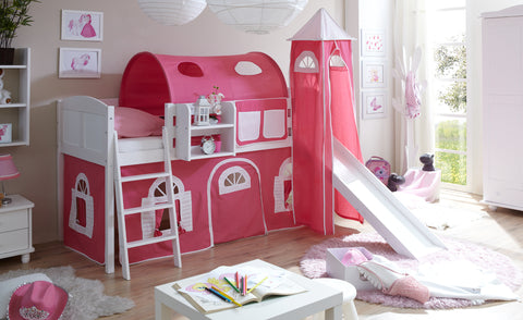 Hochbett mit Rutsche und Turm Spielbett Ekki Landhaus Kiefer massiv Weiss