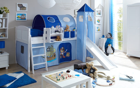Hochbett mit Rutsche und Turm Spielbett Ekki Landhaus Kiefer massiv Weiss
