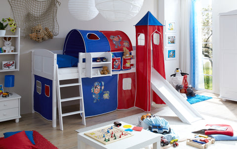 Hochbett mit Rutsche und Turm Spielbett Ekki Landhaus Kiefer massiv Weiss
