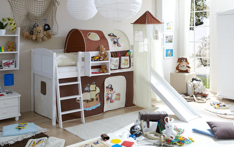 Hochbett mit Rutsche und Turm Spielbett Ekki Landhaus Kiefer massiv Weiss