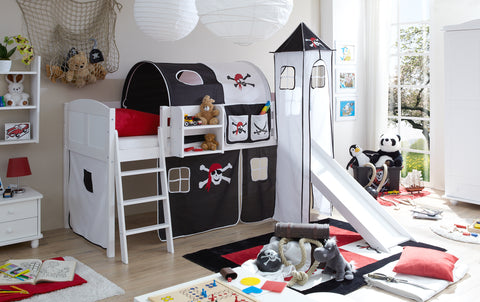Hochbett mit Rutsche und Turm Spielbett Ekki Landhaus Kiefer massiv Weiss