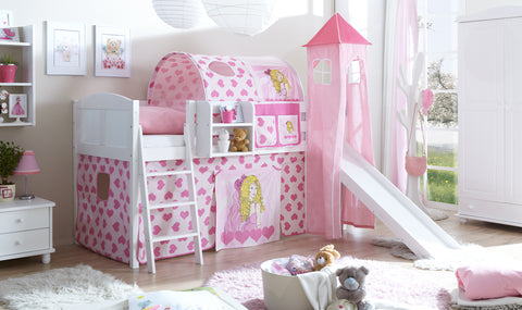 Hochbett mit Rutsche und Turm Spielbett Ekki Landhaus Kiefer massiv Weiss