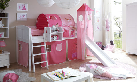 Hochbett mit Rutsche und Turm Spielbett Ekki Landhaus Kiefer massiv Weiss