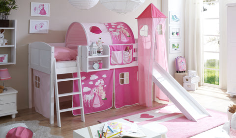Hochbett mit Rutsche und Turm Spielbett Ekki Landhaus Kiefer massiv Weiss