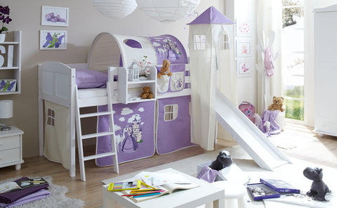 Hochbett mit Rutsche und Turm Spielbett Ekki Landhaus Kiefer massiv Weiss