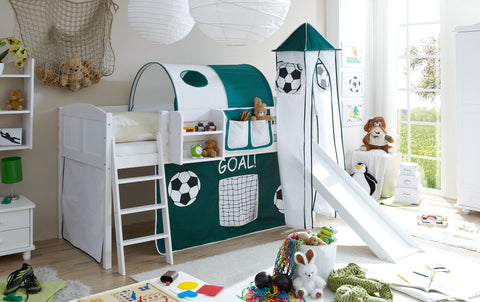 Hochbett mit Rutsche und Turm Spielbett Ekki Landhaus Kiefer massiv Weiss