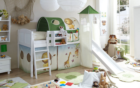 Hochbett mit Rutsche und Turm Spielbett Ekki Landhaus Kiefer massiv Weiss