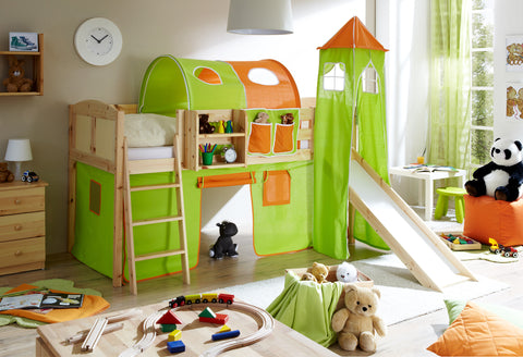 Hochbett mit Rutsche und Turm Spielbett Ekki Landhaus Kiefer massiv Natur
