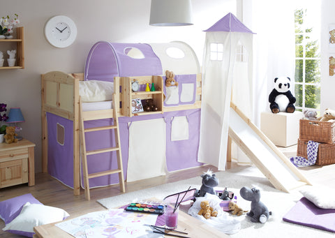 Hochbett mit Rutsche und Turm Spielbett Ekki Landhaus Kiefer massiv Natur
