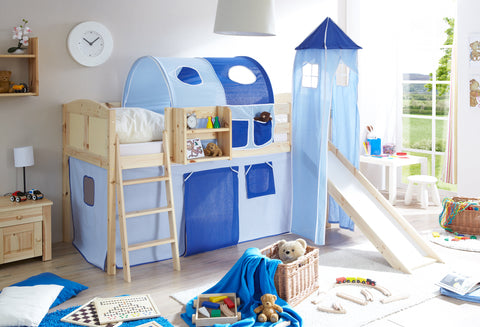 Hochbett mit Rutsche und Turm Spielbett Ekki Landhaus Kiefer massiv Natur