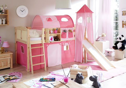 Hochbett mit Rutsche und Turm Spielbett Ekki Landhaus Kiefer massiv Natur