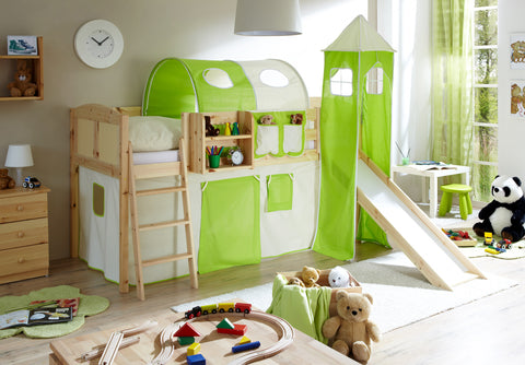 Hochbett mit Rutsche und Turm Spielbett Ekki Landhaus Kiefer massiv Natur