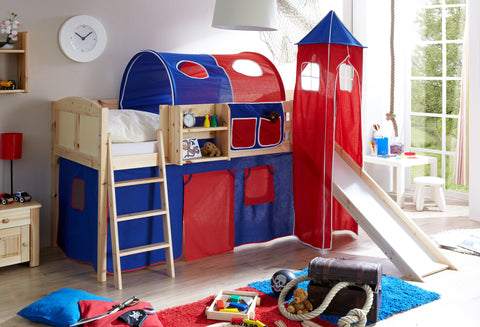 Hochbett mit Rutsche und Turm Spielbett Ekki Landhaus Kiefer massiv Natur