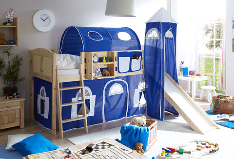 Hochbett mit Rutsche und Turm Spielbett Ekki Landhaus Kiefer massiv Natur