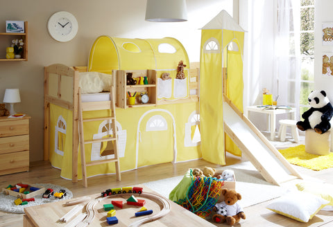Hochbett mit Rutsche und Turm Spielbett Ekki Landhaus Kiefer massiv Natur