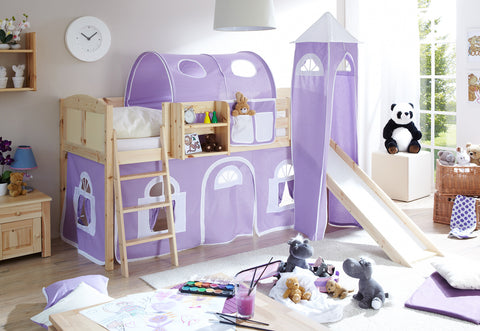 Hochbett mit Rutsche und Turm Spielbett Ekki Landhaus Kiefer massiv Natur