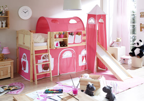 Hochbett mit Rutsche und Turm Spielbett Ekki Landhaus Kiefer massiv Natur