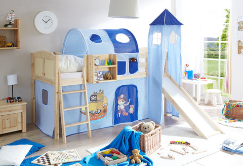 Hochbett mit Rutsche und Turm Spielbett Ekki Landhaus Kiefer massiv Natur