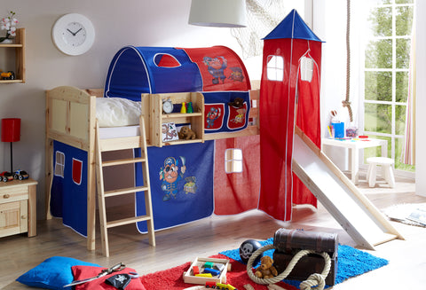 Hochbett mit Rutsche und Turm Spielbett Ekki Landhaus Kiefer massiv Natur