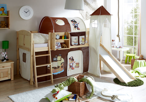 Hochbett mit Rutsche und Turm Spielbett Ekki Landhaus Kiefer massiv Natur