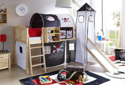 Hochbett mit Rutsche und Turm Spielbett Ekki Landhaus Kiefer massiv Natur