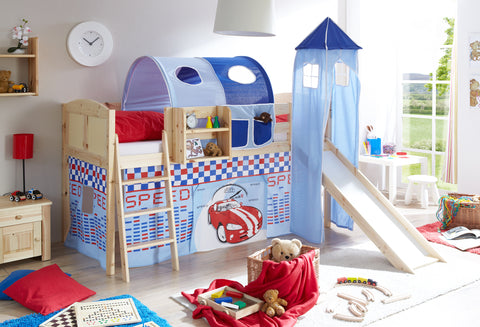 Hochbett mit Rutsche und Turm Spielbett Ekki Landhaus Kiefer massiv Natur