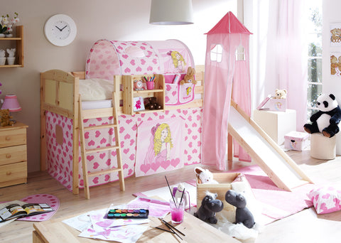 Hochbett mit Rutsche und Turm Spielbett Ekki Landhaus Kiefer massiv Natur