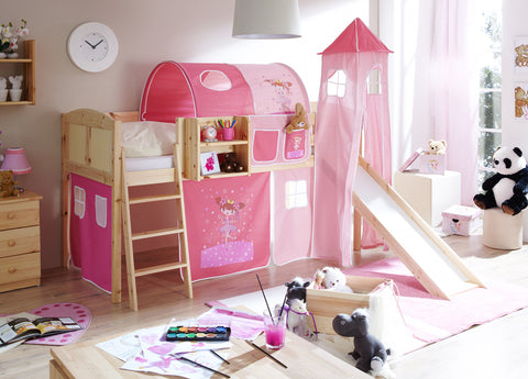 Hochbett mit Rutsche und Turm Spielbett Ekki Landhaus Kiefer massiv Natur