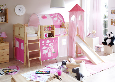 Hochbett mit Rutsche und Turm Spielbett Ekki Landhaus Kiefer massiv Natur