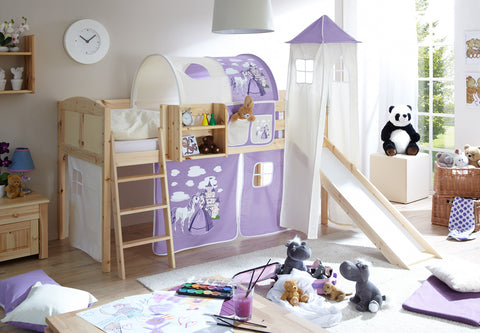 Hochbett mit Rutsche und Turm Spielbett Ekki Landhaus Kiefer massiv Natur