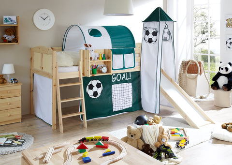 Hochbett mit Rutsche und Turm Spielbett Ekki Landhaus Kiefer massiv Natur