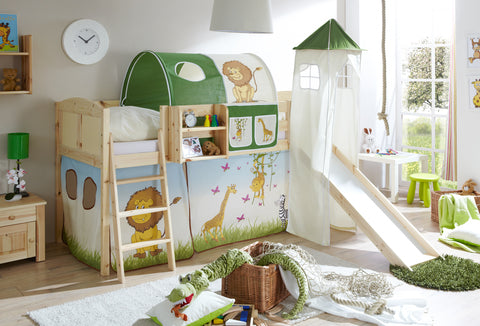 Hochbett mit Rutsche und Turm Spielbett Ekki Landhaus Kiefer massiv Natur