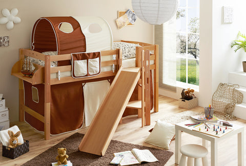 Hochbett mit Rutsche Podestbett Tino Buche massiv Natur teilbar