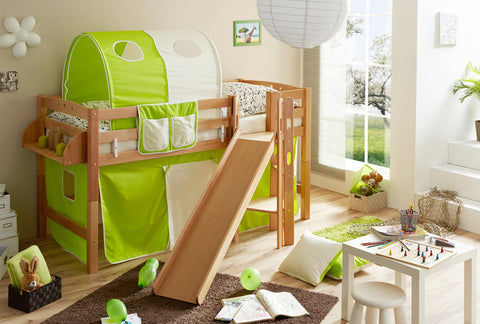 Hochbett mit Rutsche Podestbett Tino Buche massiv Natur teilbar