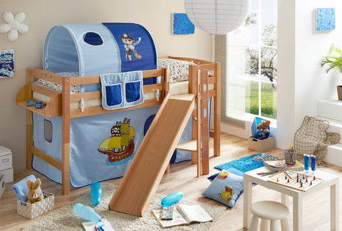 Hochbett mit Rutsche Podestbett Tino Buche massiv Natur teilbar