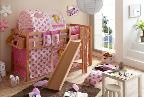 Hochbett mit Rutsche Podestbett Tino Buche massiv Natur teilbar