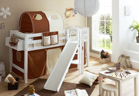 Hochbett mit Rutsche Podestbett Tino Buche massiv Weiss teilbar