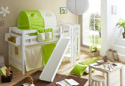 Hochbett mit Rutsche Podestbett Tino Buche massiv Weiss teilbar