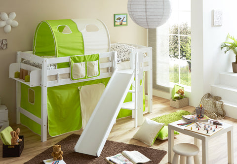 Hochbett mit Rutsche Podestbett Tino Buche massiv Weiss teilbar