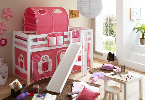 Hochbett mit Rutsche Podestbett Tino Buche massiv Weiss teilbar