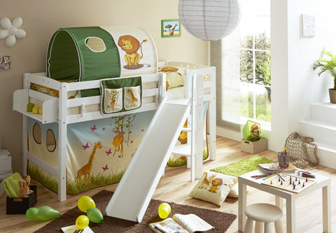 Hochbett mit Rutsche Podestbett Tino Buche massiv Weiss teilbar B-WARE