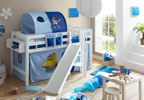 Hochbett mit Rutsche Podestbett Tino Buche massiv Weiss teilbar