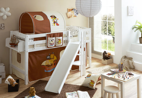Hochbett mit Rutsche Podestbett Tino Buche massiv Weiss teilbar