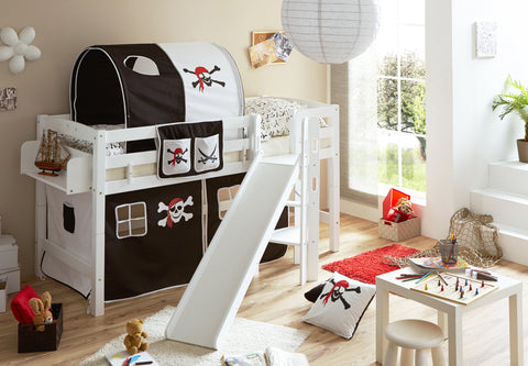 Hochbett mit Rutsche Podestbett Tino Buche massiv Weiss teilbar